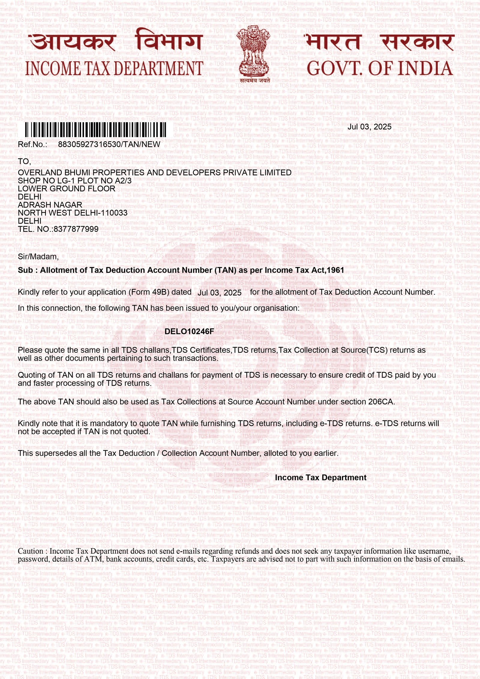 Company TAN Certificate - Overland Bhumi Properties and Developers Pvt. Ltd.